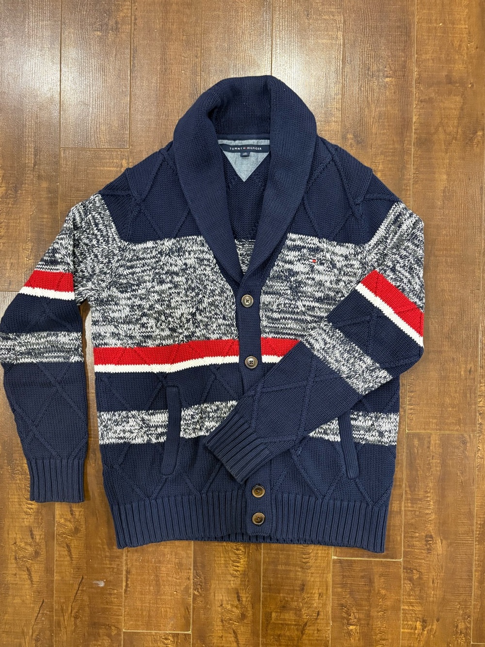 Tommy Hilfiger Mens L Shawl Collar Cable Knit Cardigan Sweater Navy Blue Red